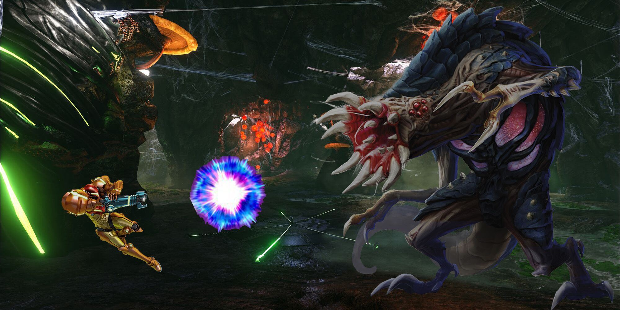 Samus fighting an Omega Metroid