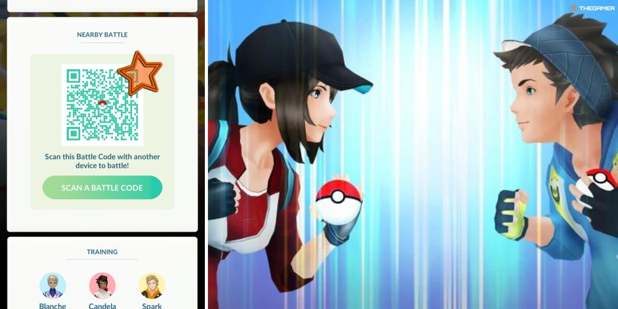 Pokemon GO - Battling a Friend QR Code on left, promo art of players on right