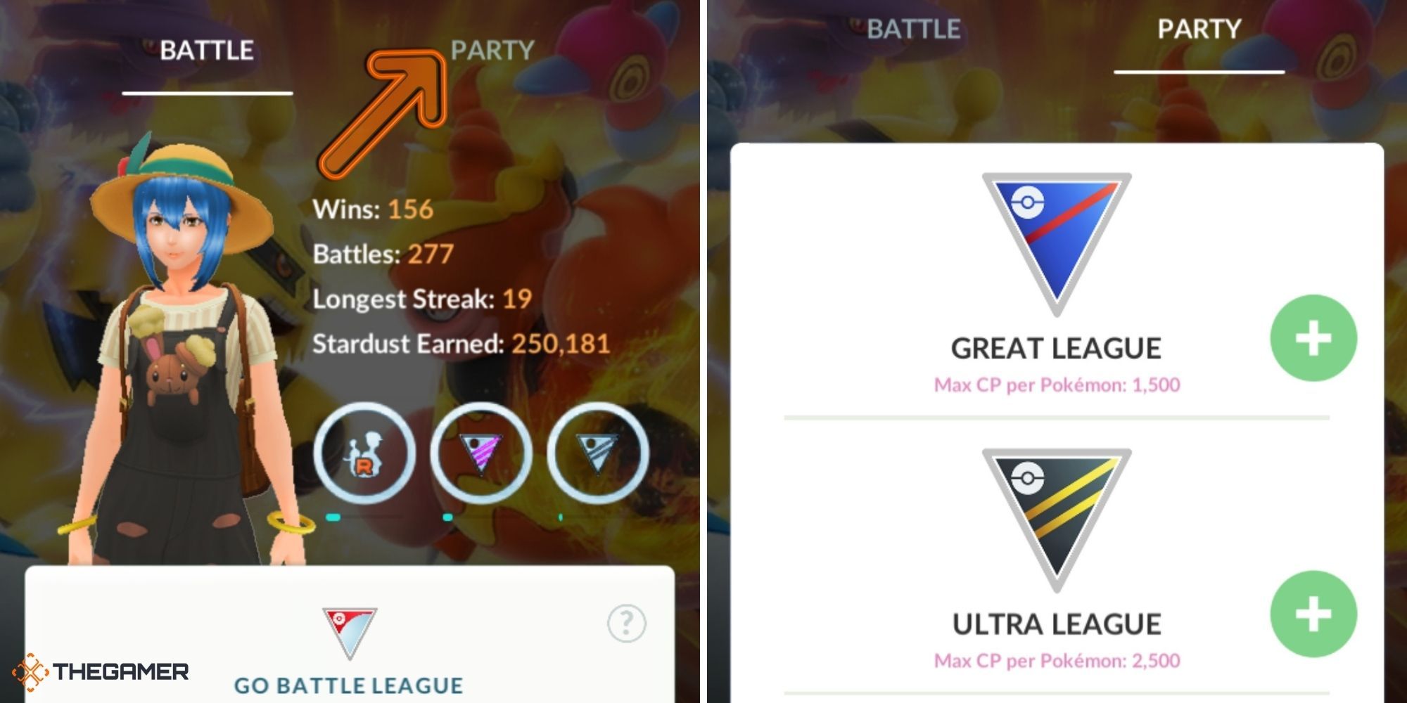 Pokemon GO GO Battle League menu on left, Party menu on right
