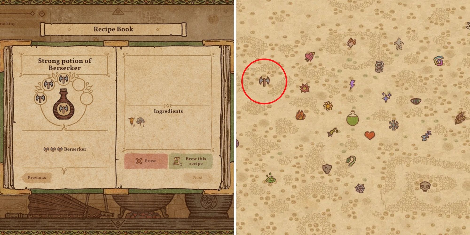 Potion Craft Potion Of Berserker recipe and position on alchemy map