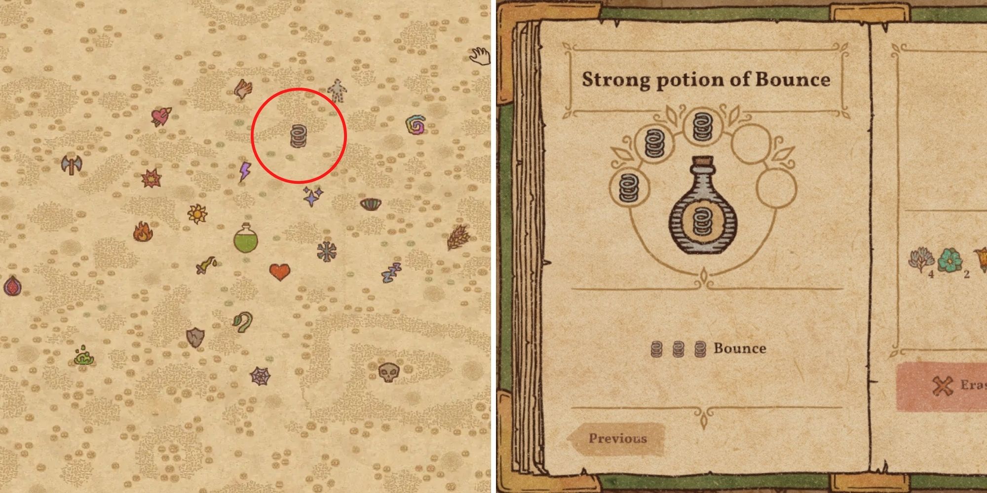 Potion Craft Potion Of Bounce recipe and position on alchemy map