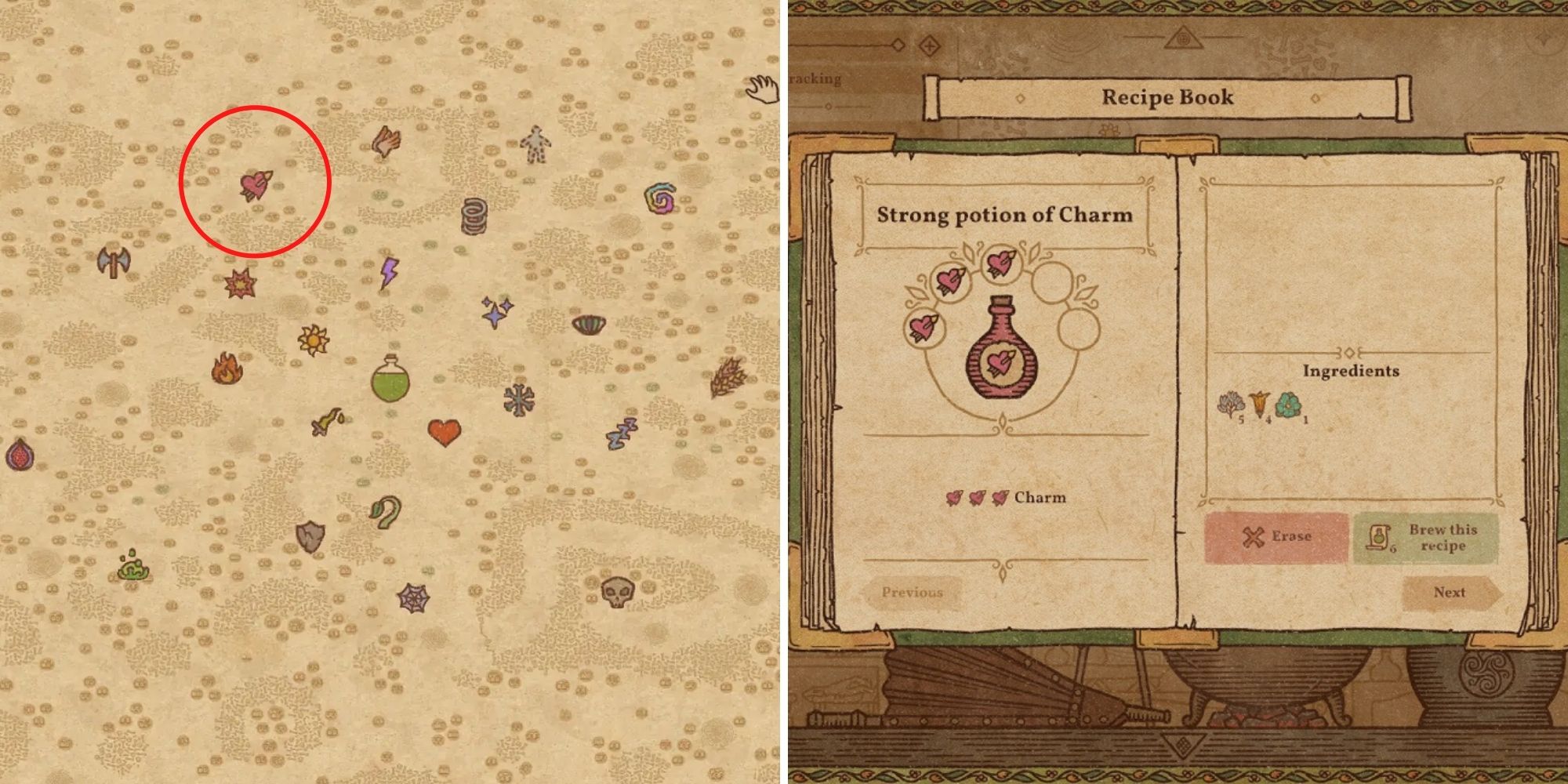 Potion Craft Potion Of Charm recipe and position on alchemy map