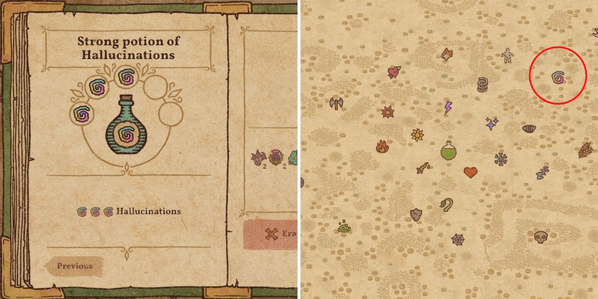 Potion Craft Potion Of Hallucination recipe and position on alchemy map