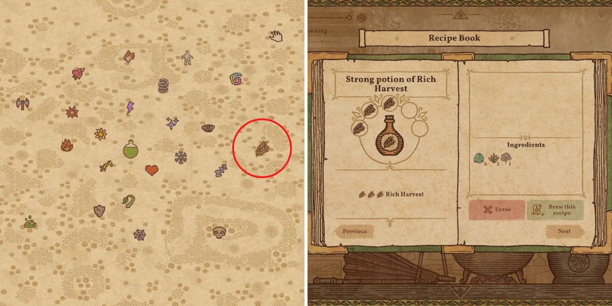 Potion Craft Potion Of Rich Harvest recipe and position on alchemy map