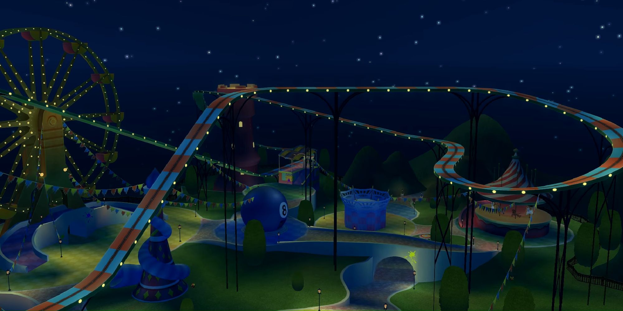 The Prankster's Paradise world in Kingdom Hearts 3D: Dream Drop Distance, lit up at night