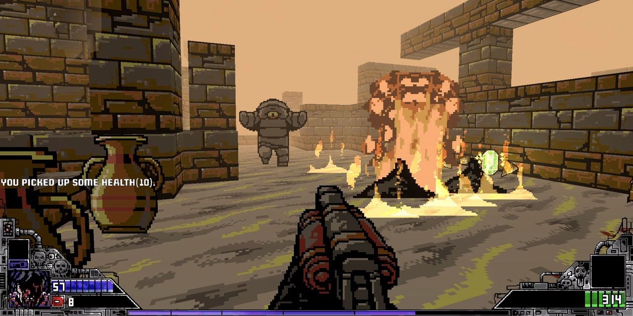 Setting enemies onfire with a flame thrower in Project Warlock.
