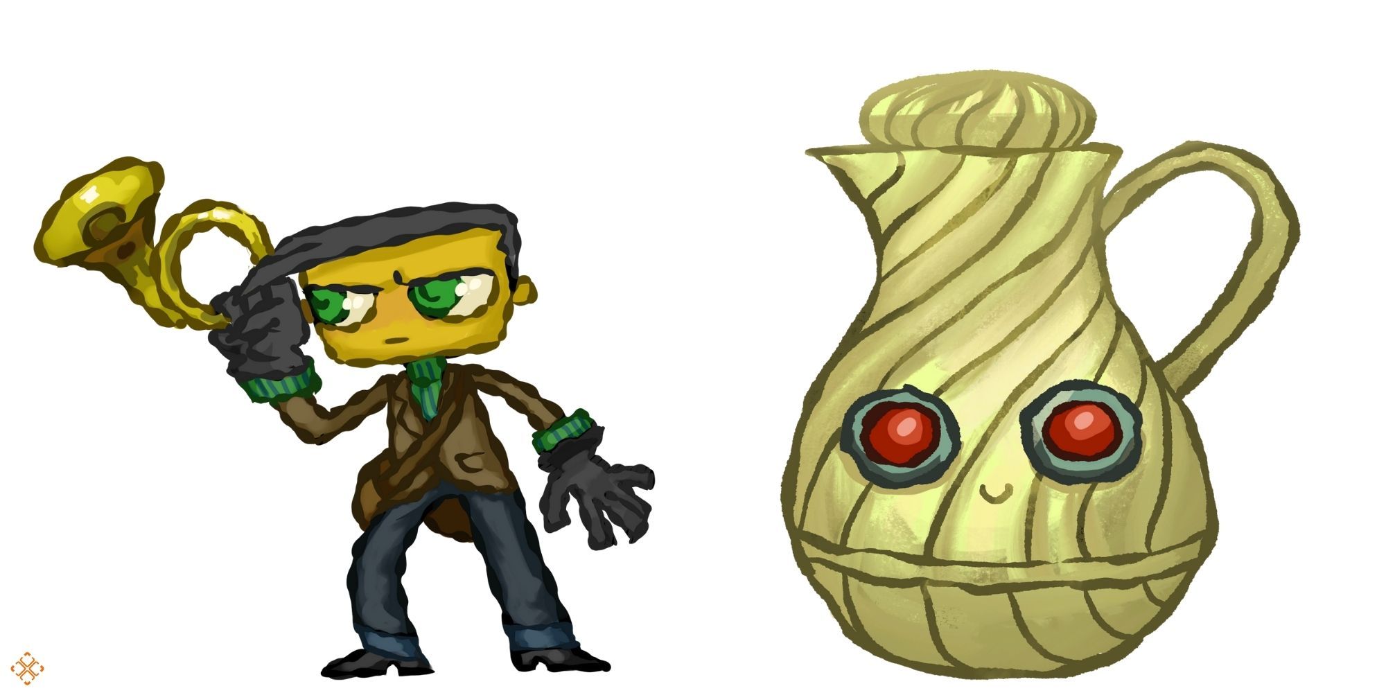 Psychonauts 2 - Raz as a jug of Coffee on right, Raz as a eavesdropper on left