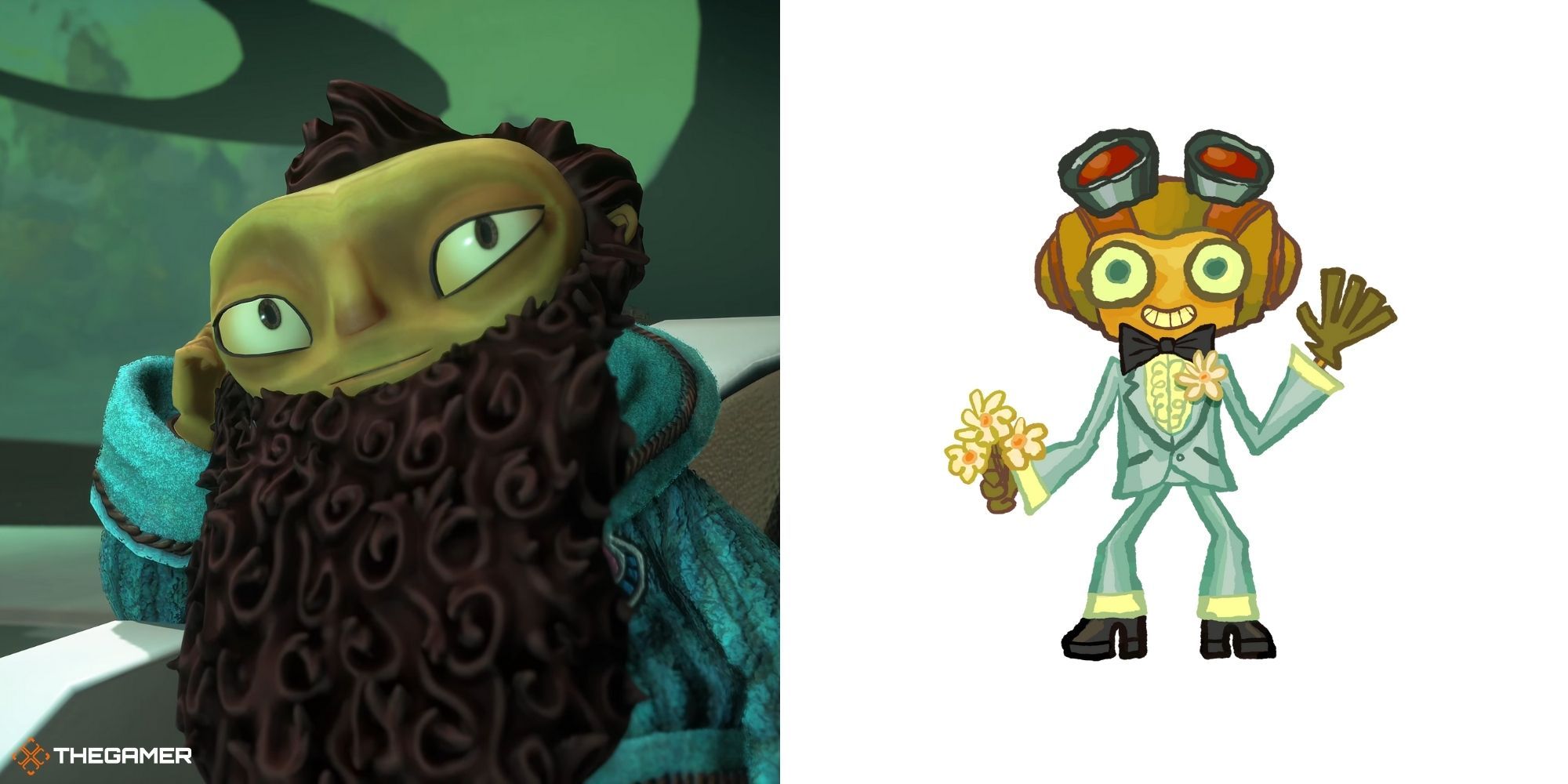 Psychonauts 2 - Truman Zanotto on left, Raz wearing a blue suit on right