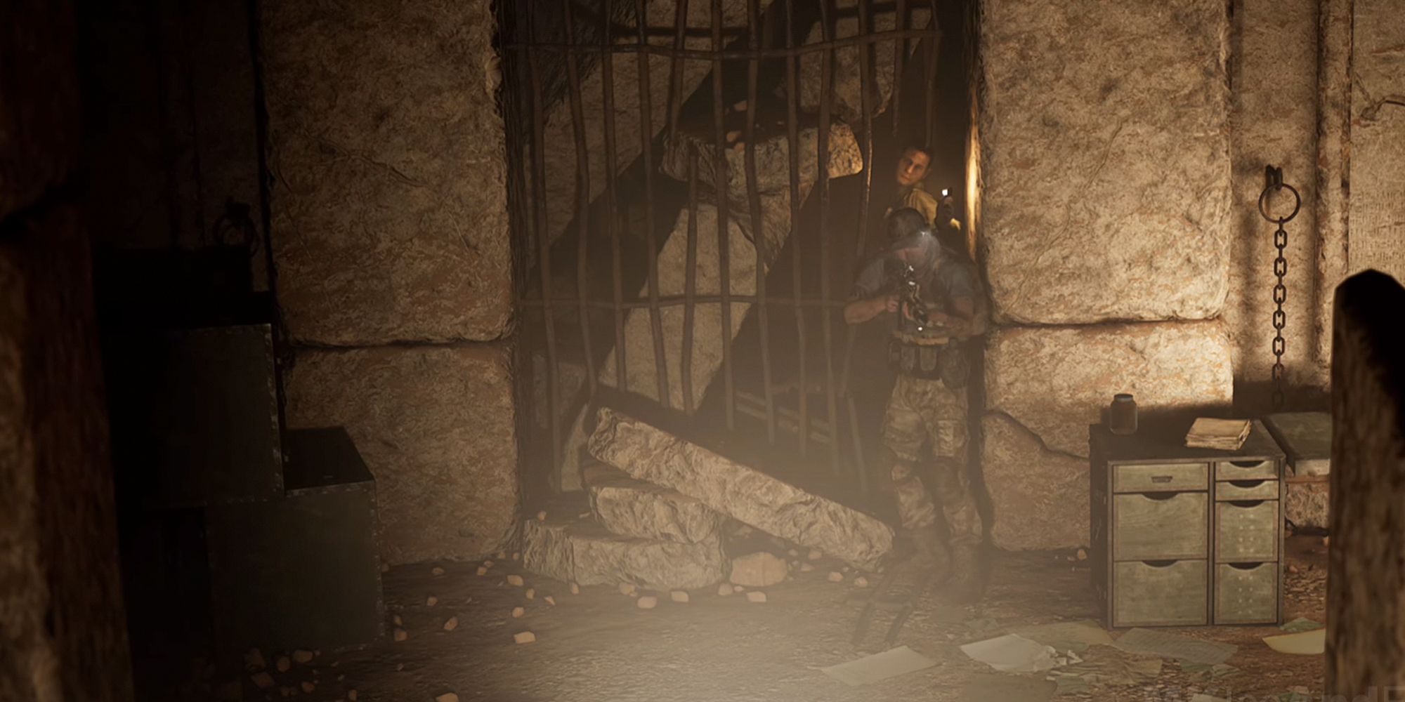 House Of Ashes. Two characters emerging from the side of a broken gate.
