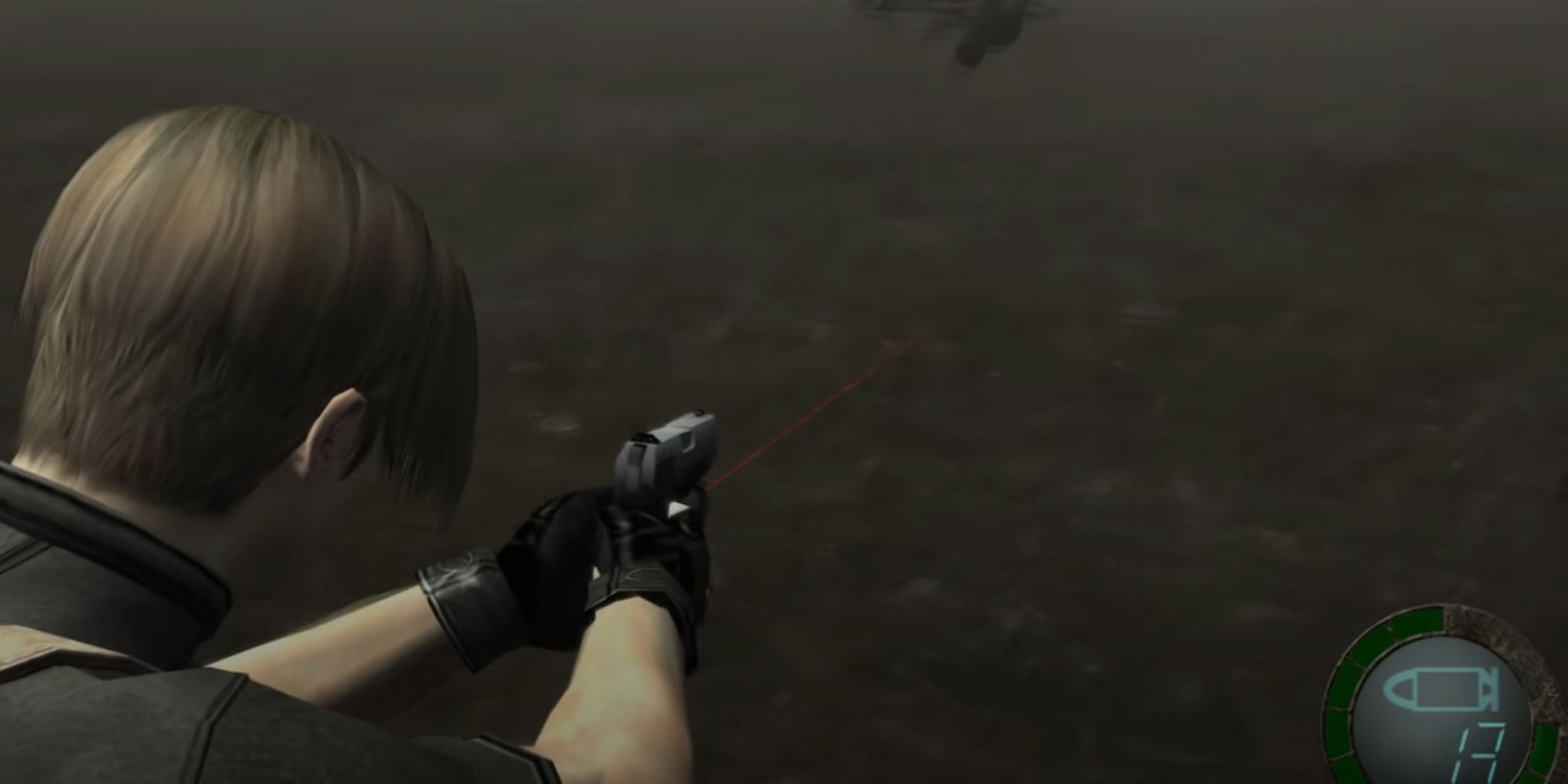 Resident Evil 4. Leon Kennedy aiming gun at water.