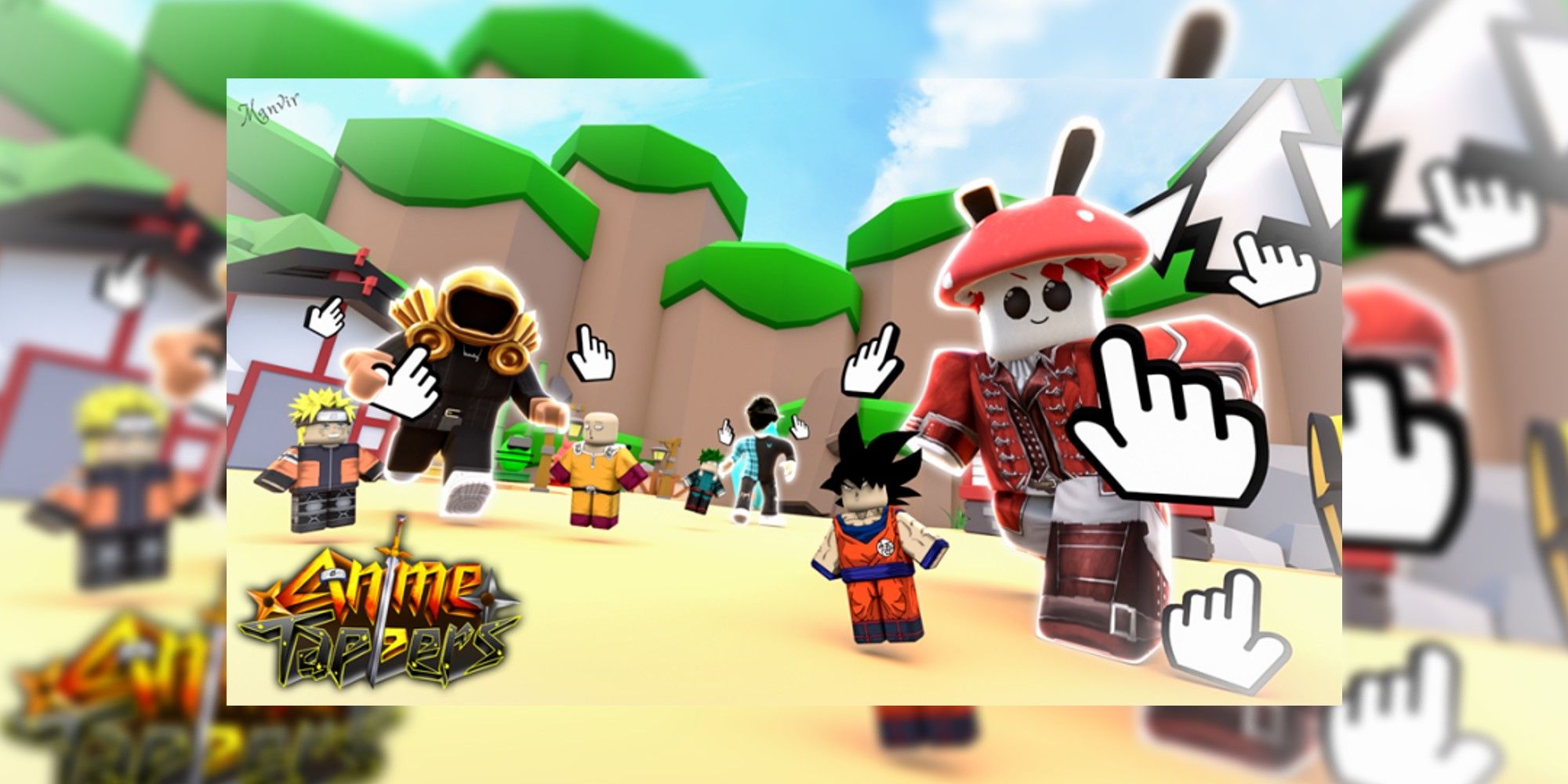 Roblox game anime tappers with various anime characters standing on sand, including Goku, Naruto and Saitama.