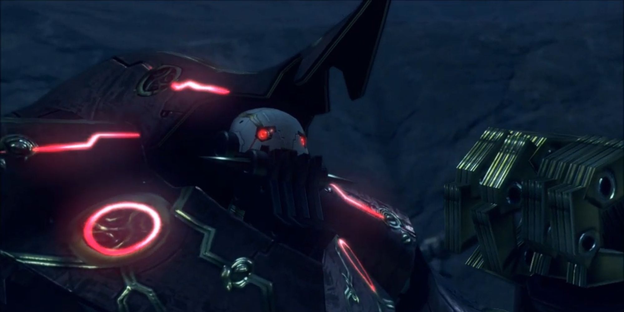 Robots In Video Games a close up of the villainous robot Xord from Xenoblade Chronicles Definitive Edition looking menacingly off into the distance with his glaring red eyes and his large metal fist clenched together