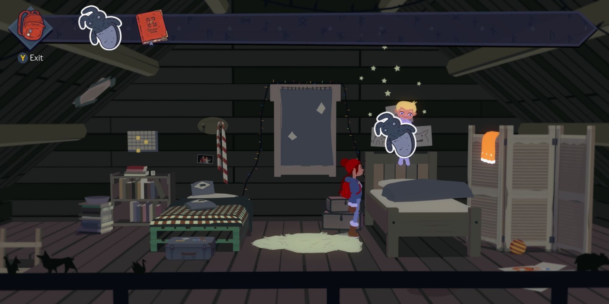 Tove giving Lars Mr. Jotun before bedtime.