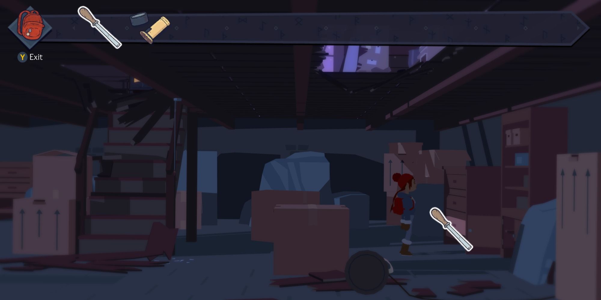 Tove using a chisel to open a cabinet in Roki