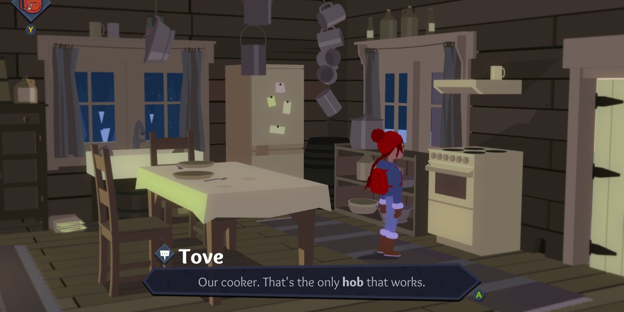 Tove inspecting the stove in her house in Roki