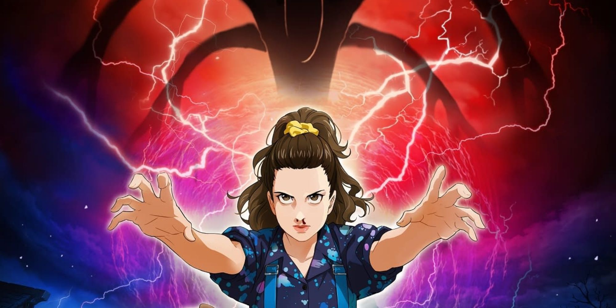 Stranger Things The Seven Deadly Sins crossover eleven powerful pose nosebleed demogorgon looming in background