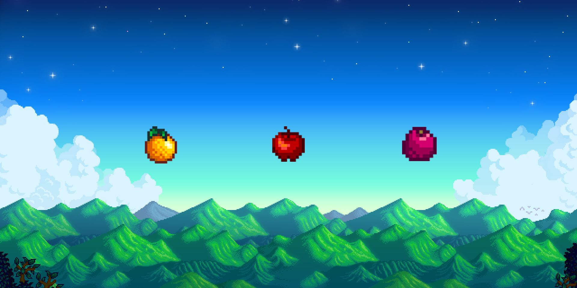 Image of Orange, Apple, and Pomegranate from Stardew Valley against a mountain background