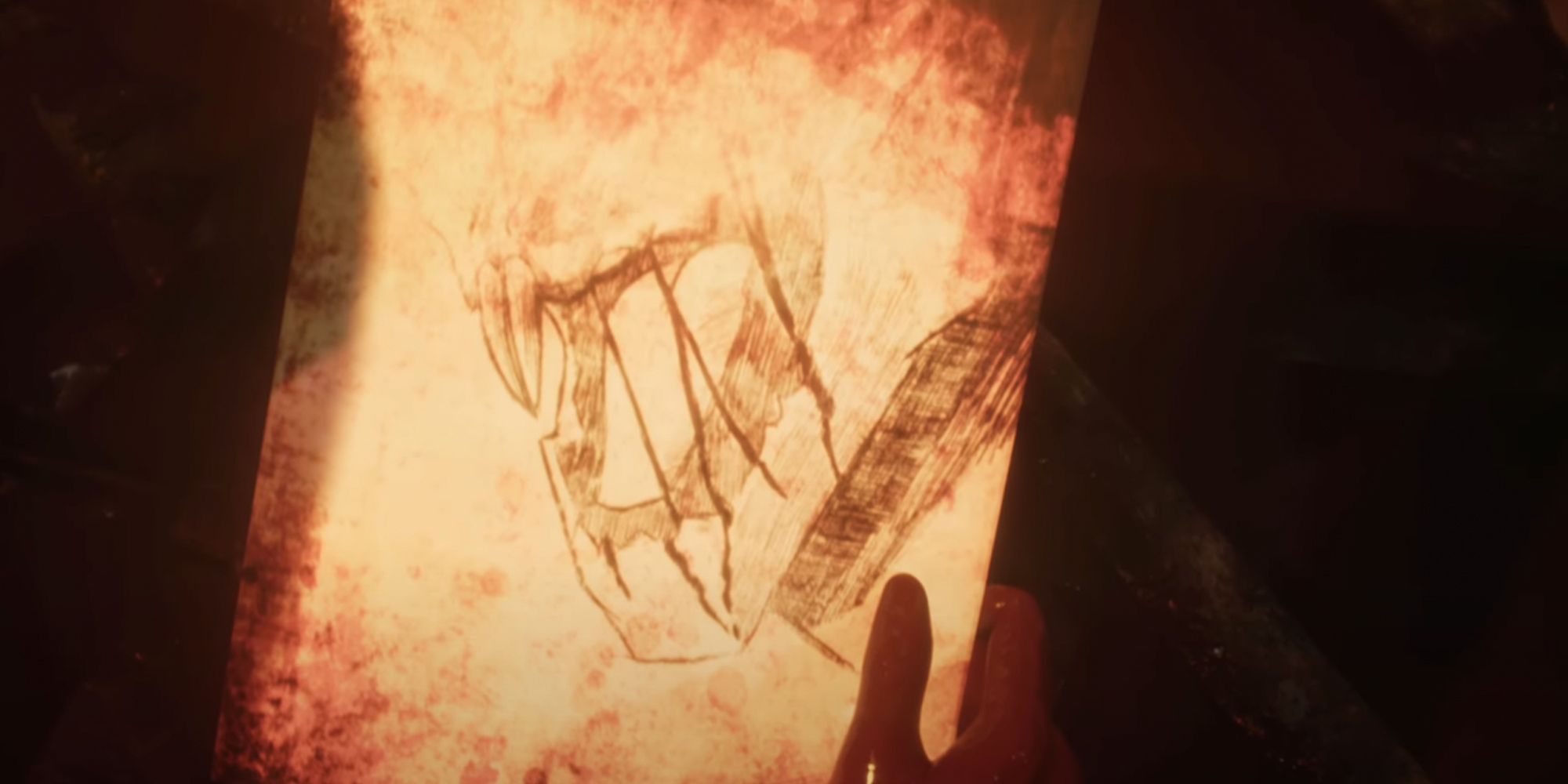 House Of Ashes. Character picking up a sketch of a monster. T