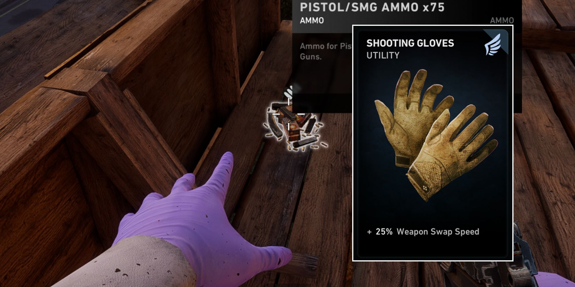 Back 4 Blood. Hands with purple gloves are shown and ahead of them is pistol ammo. Shooting Gloves card on screen.