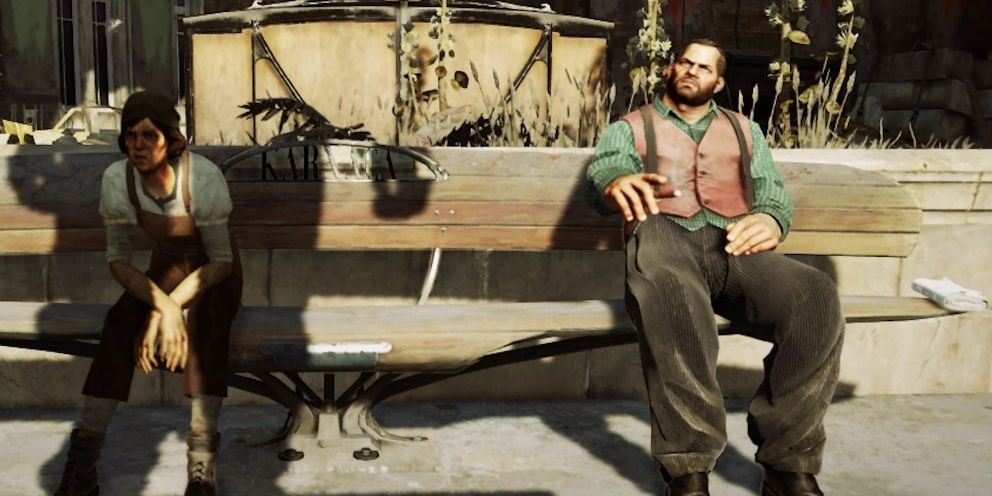 Dishonored 2 two civilians sitting on a bench beside each other. One in shadows and one in the light