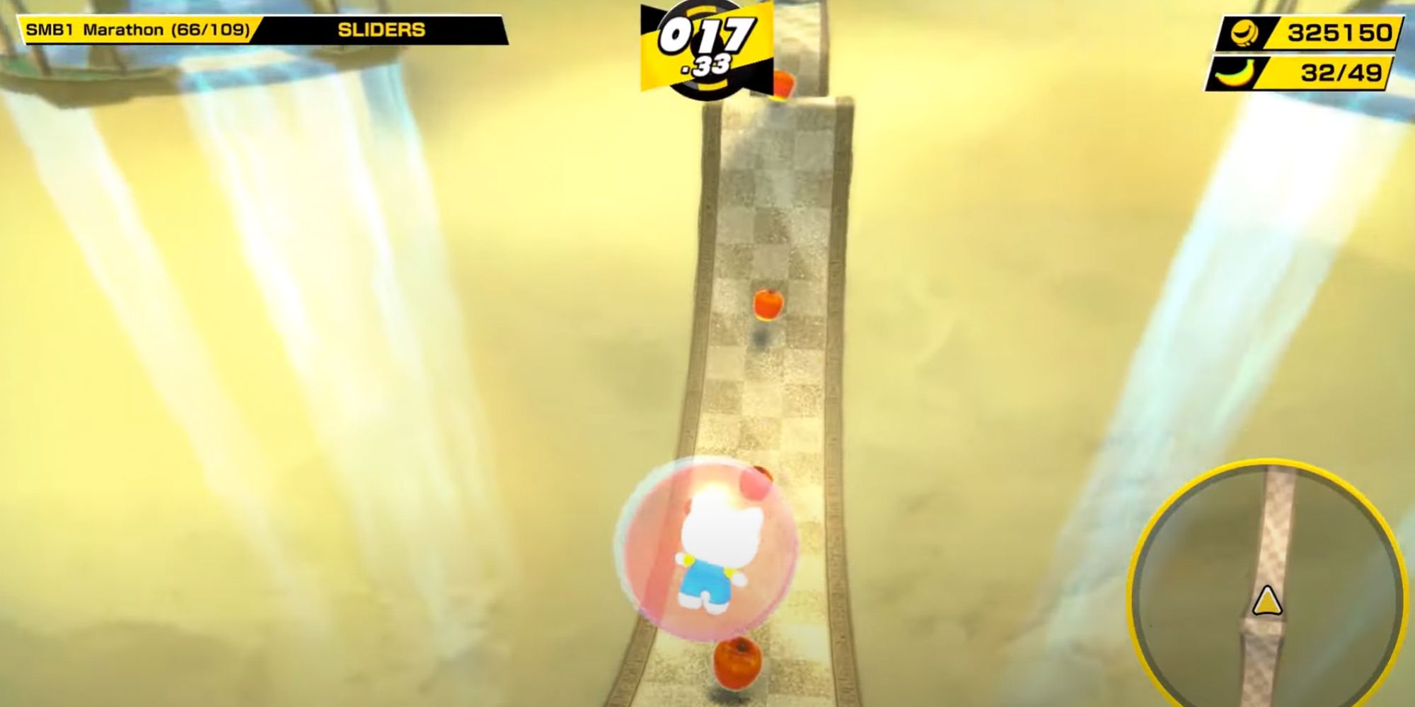 Super Monkey Ball Banana Mania. Sliders stage. Yellow lighting. Huge ramp ahead.