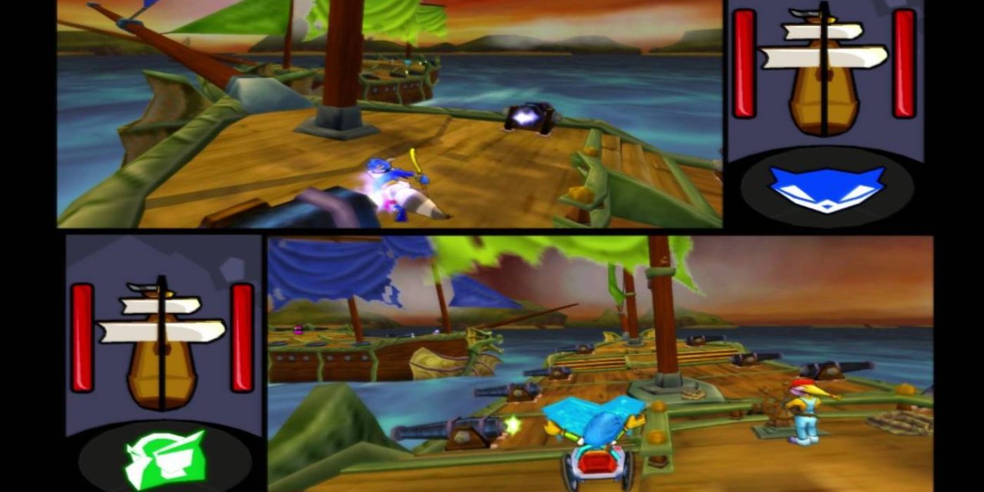 Sly takes on Bentley in a clash of pirate ships in Sly 3's multiplayer