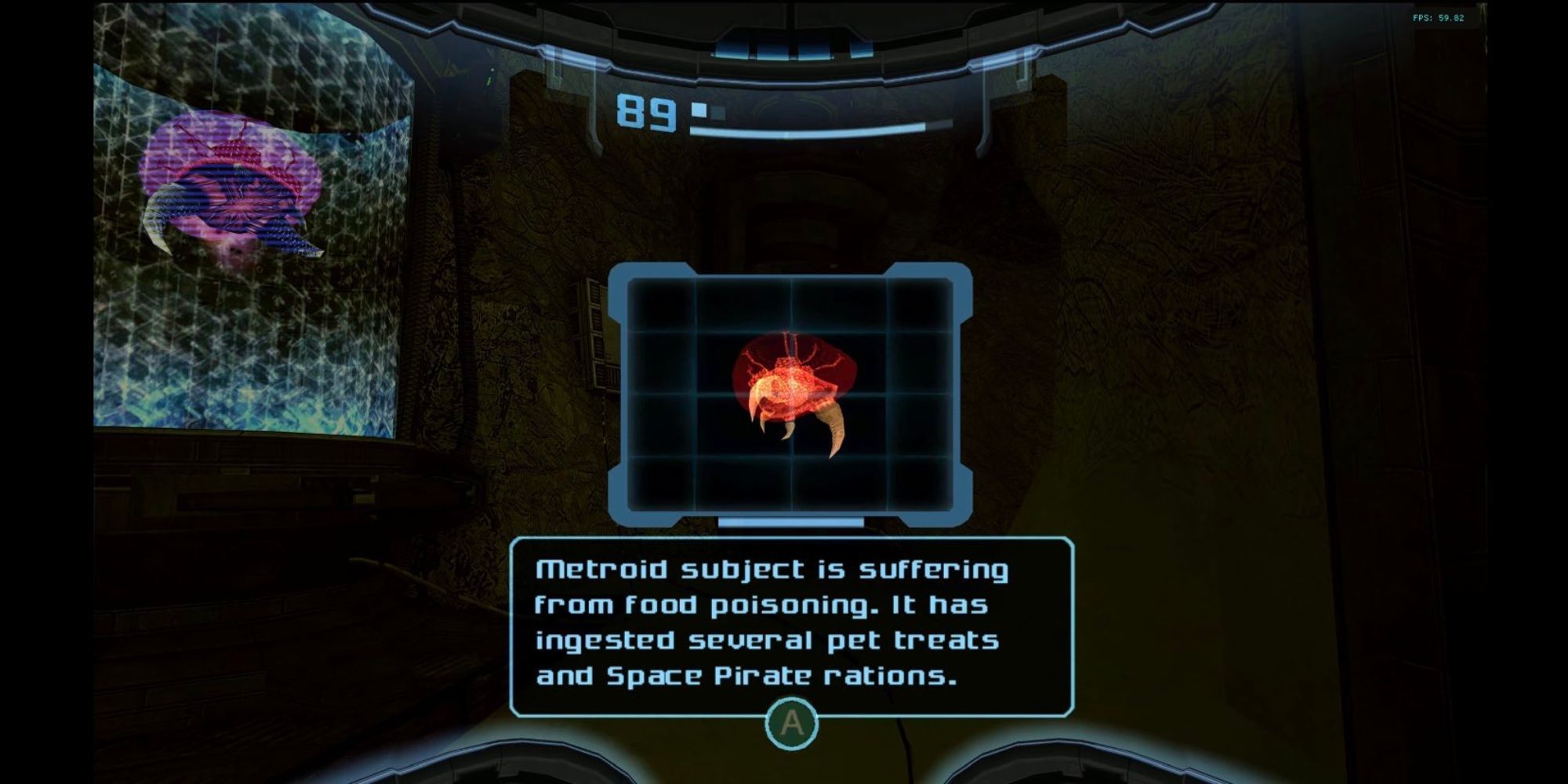 Metroid Prime gameplay screenshot Samus gets Metroid information from Scan Visor