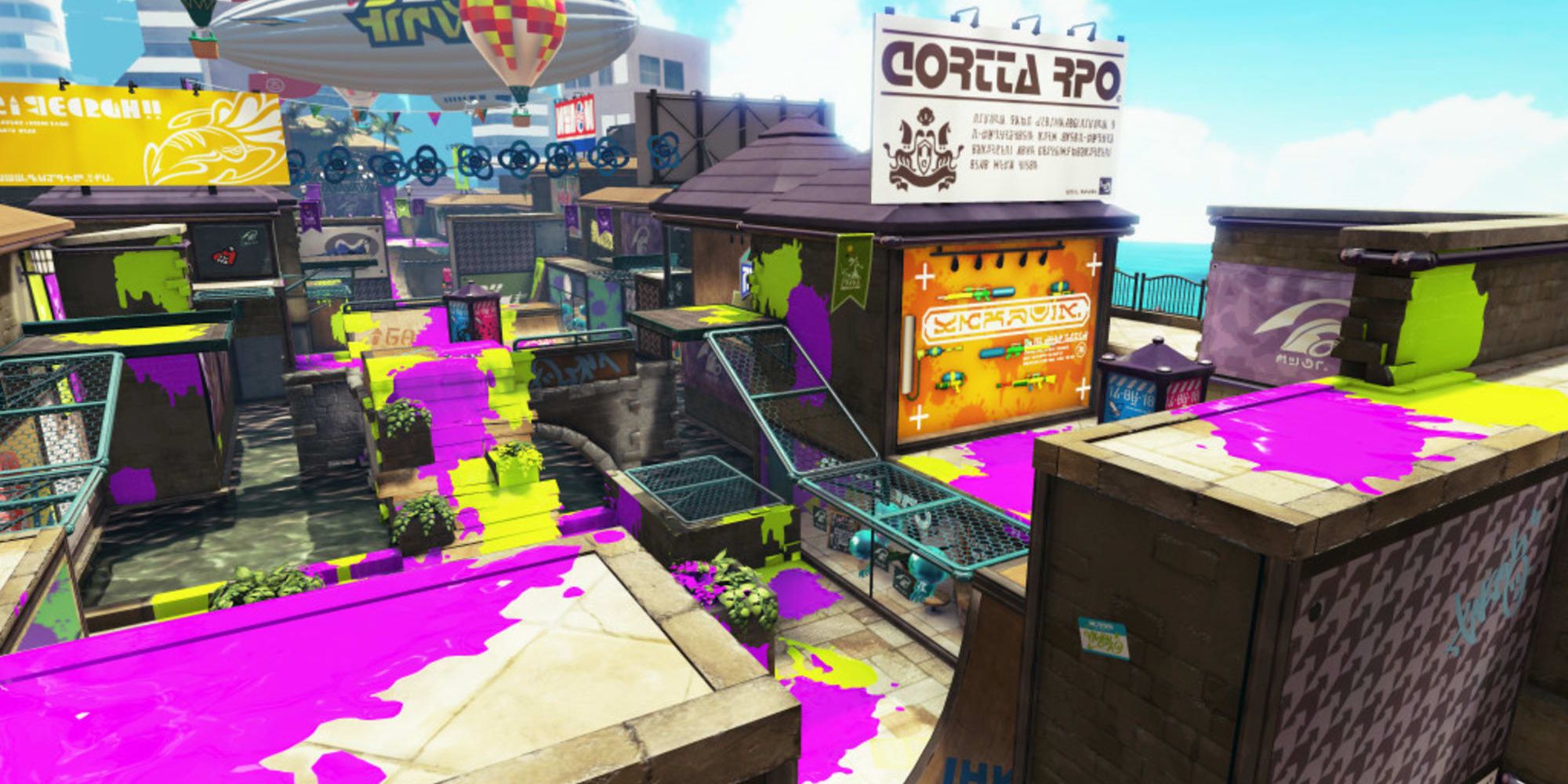 The Arowana Mall map from Splatoon 2, with colored ink on the ground