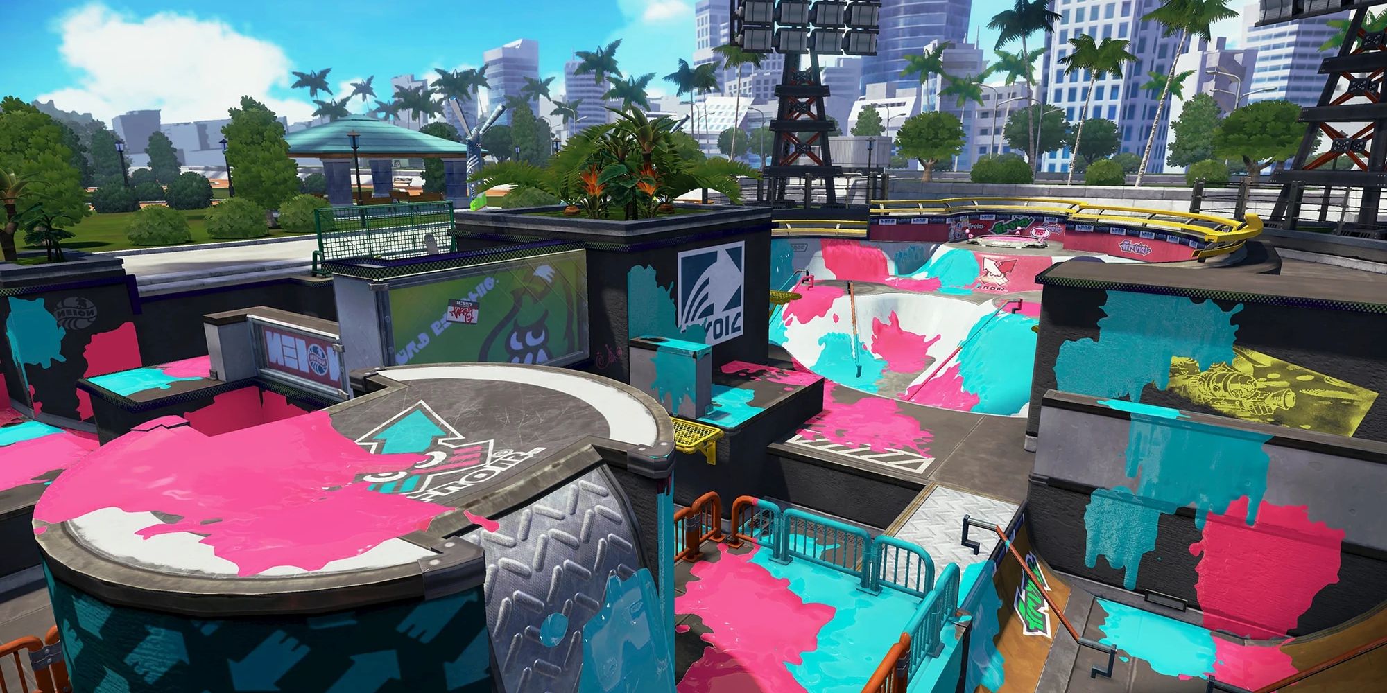 The Blackbelly Skatepark map in Splatoon 2, covered in ink