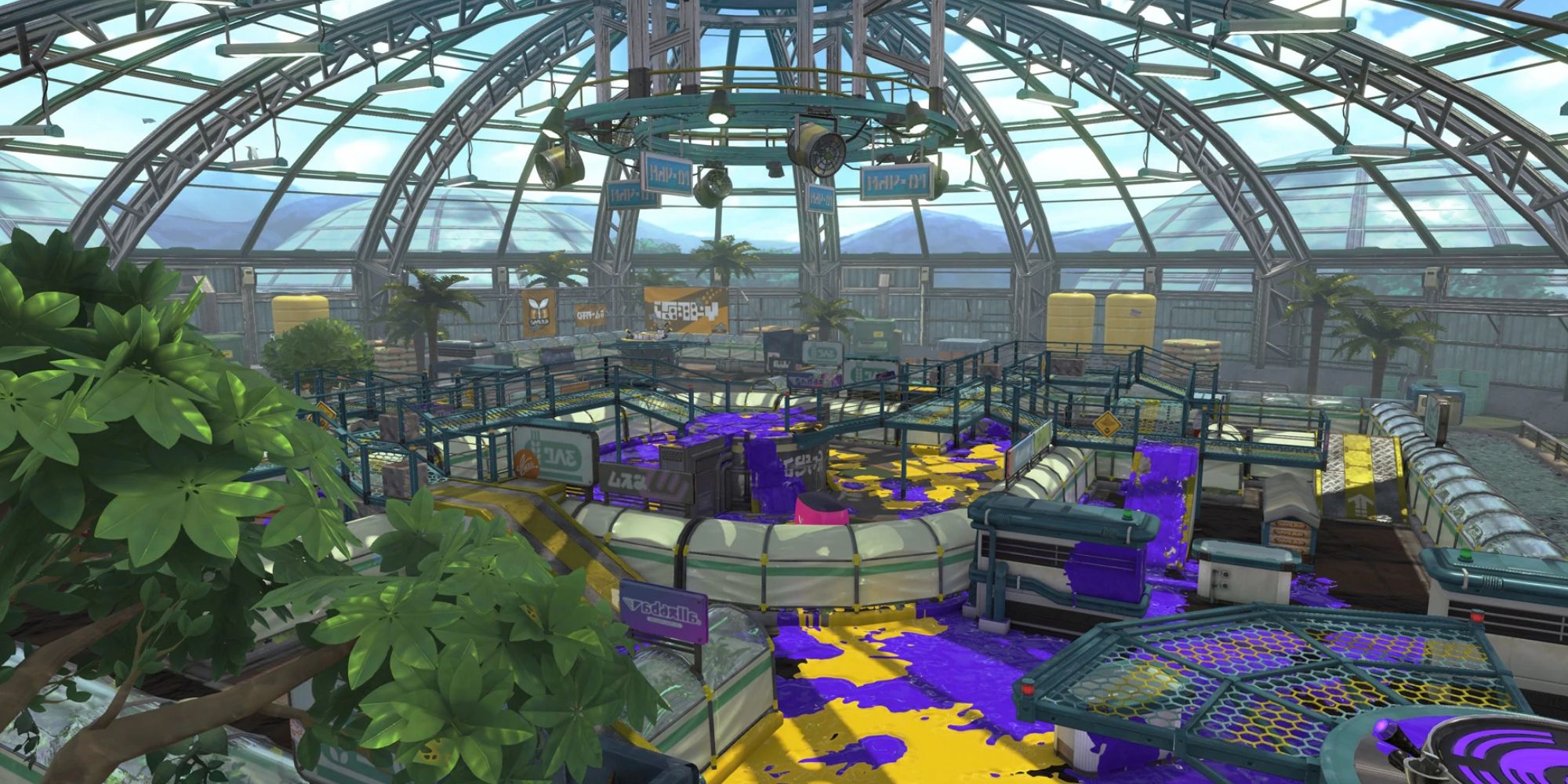 The Kelp Dome map in Splatoon 2, covered in ink