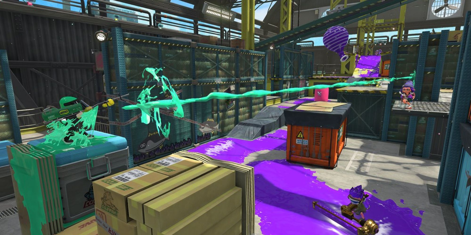 Inkling takes long-range shot at foe across the Walleye Warehouse map in Splatoon 2