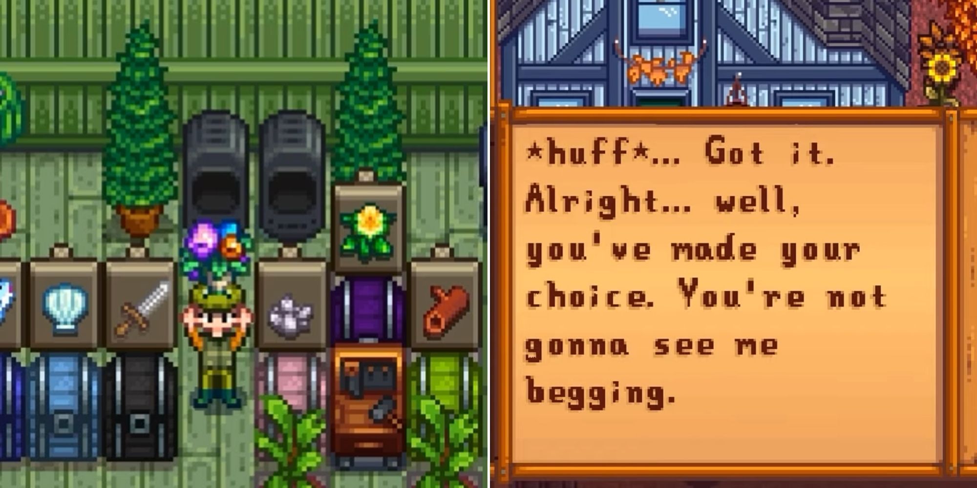 Stardew Valley - Player burning a bouquet in a furnace to make a wilted bouquet - Breaking up with Alex dialogue  