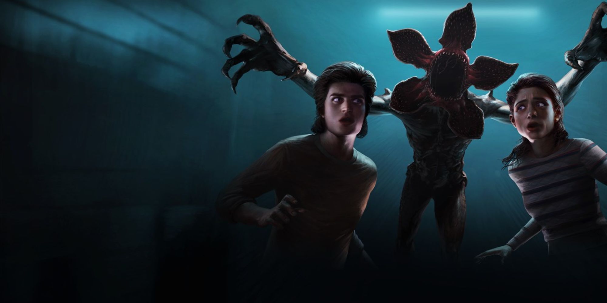 Dead By Daylight Stranger Things crossover official game art Steve and Nancy scared poses demogorgon hunting in background 