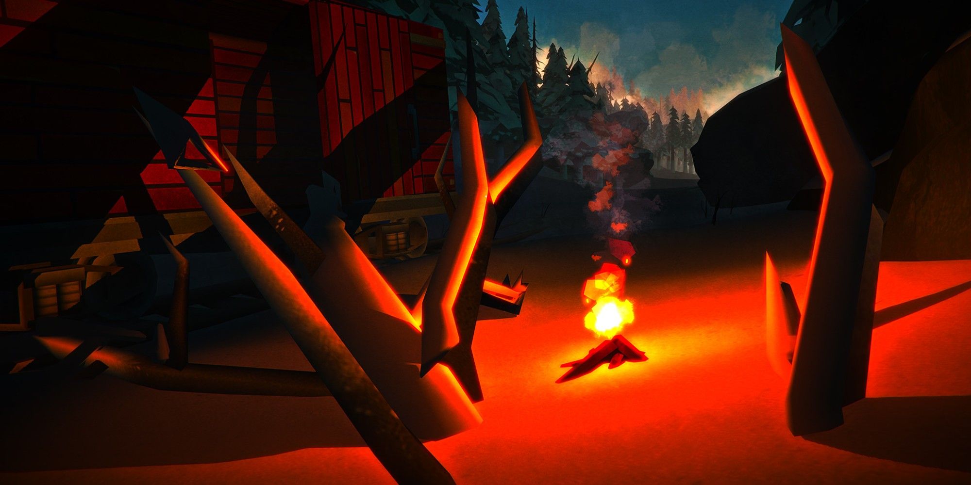 The Long Dark Campfire Beside Derailed Train At Sunset Beside Fallen Tree