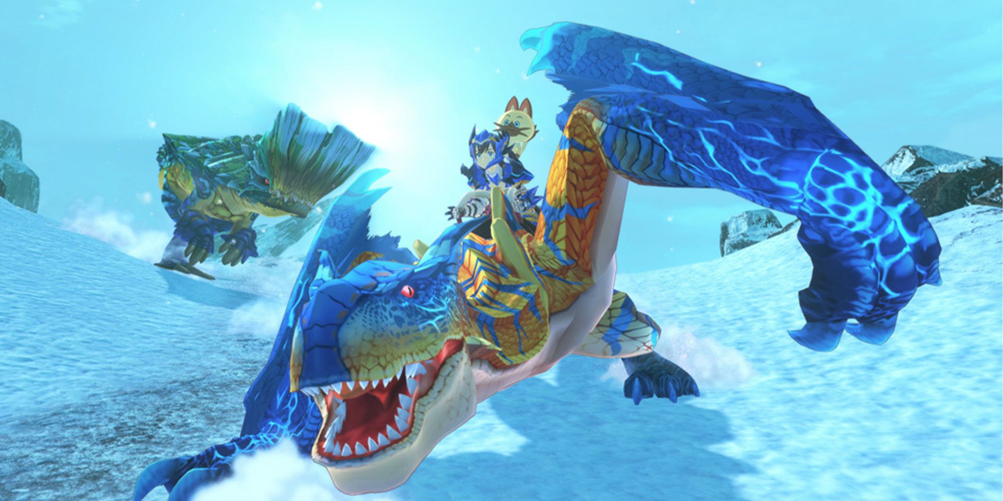Tigrex Monstie with a Jade Barroth in the background in Monster Hunter Stories 2: Wings Of Ruin.