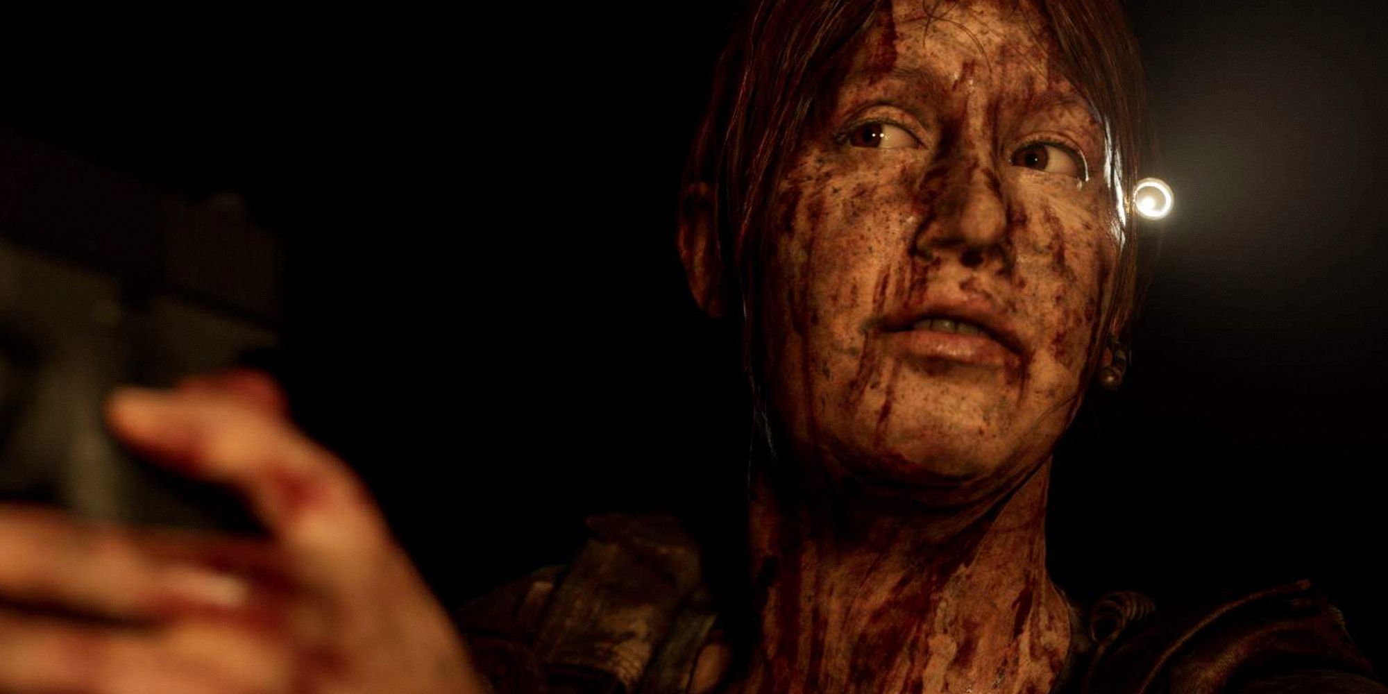 House Of Ashes. Rachel holding a weapon at something with a worried expression on her face.
