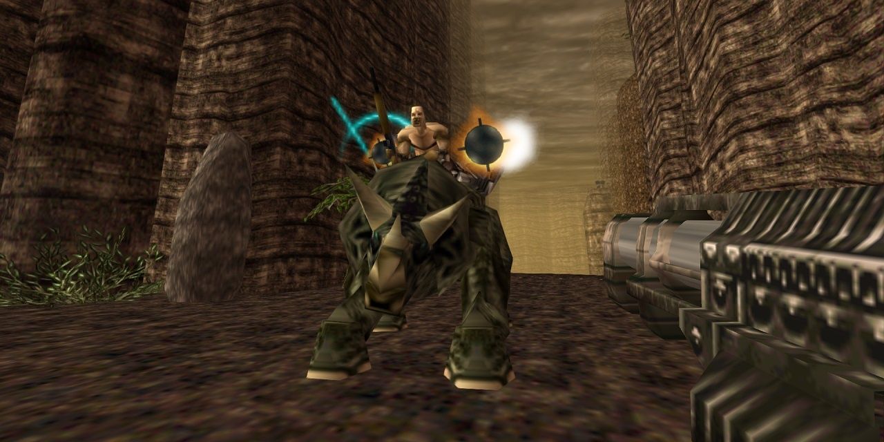 Turok fighting an enemy riding a mecha-stegadon with a rocket launcher