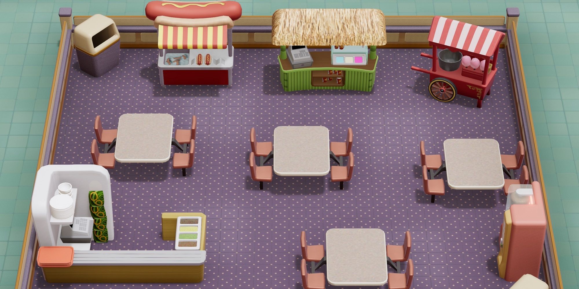 Two Point Hospital screenshot a large empty Café with several food machines and amenities
