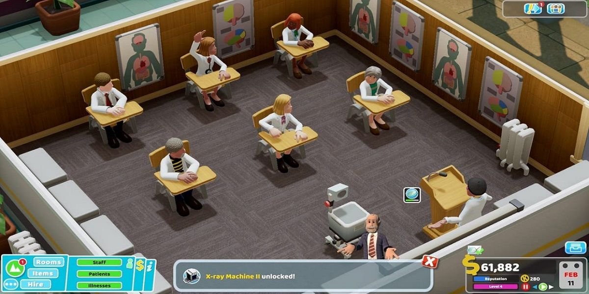 Two Point Hospital screenshot a full Training Room with a lot of extra items 