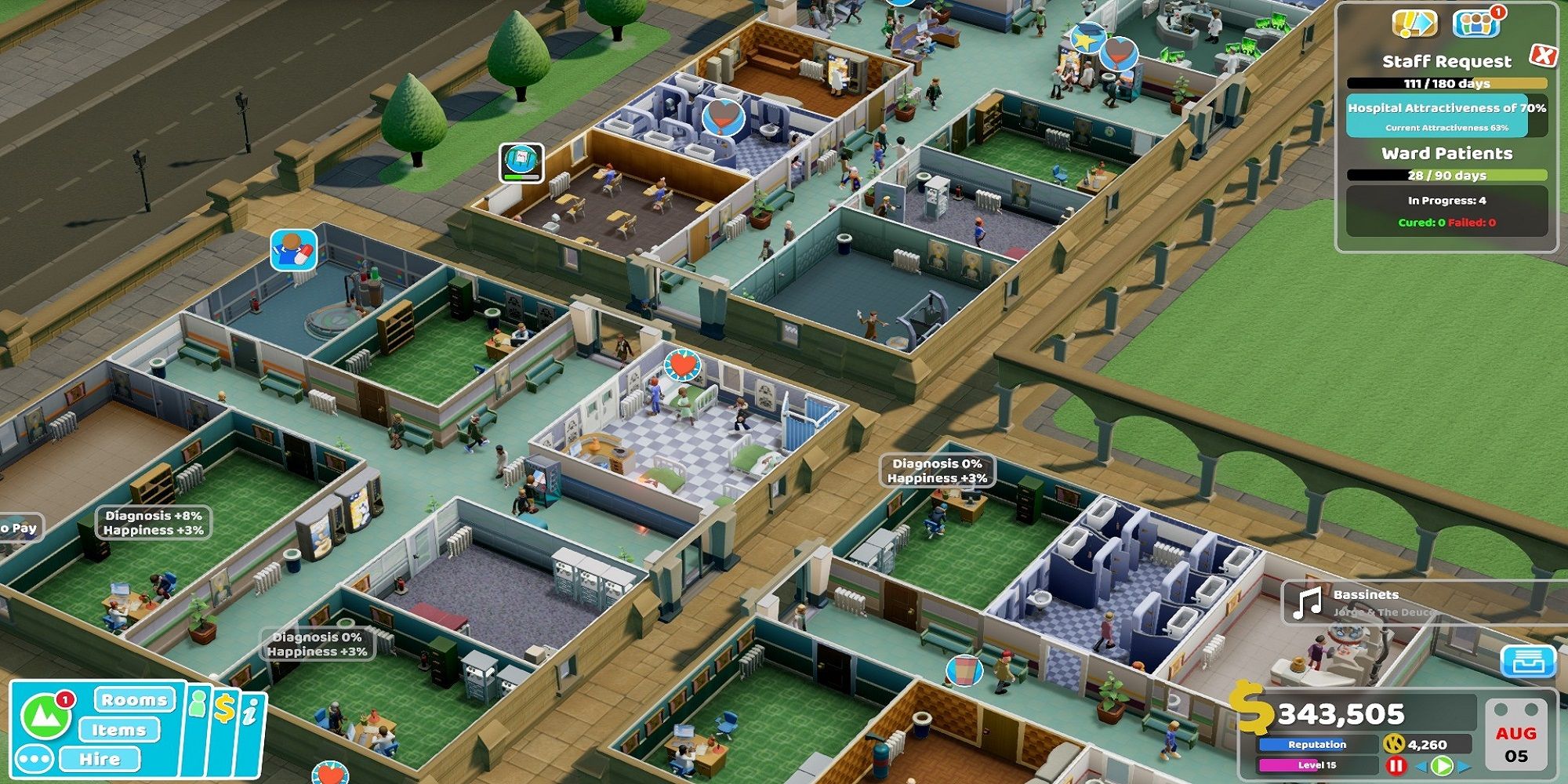 Two Point Hospital several buildings layout