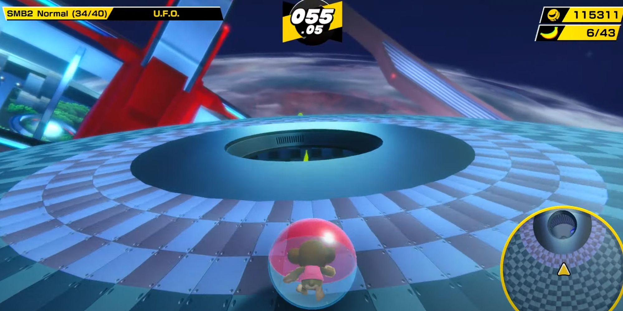Super Monkey Ball Banana Mania. U.F.O. level. Huge sphere underneath a monkey in a hamster ball.