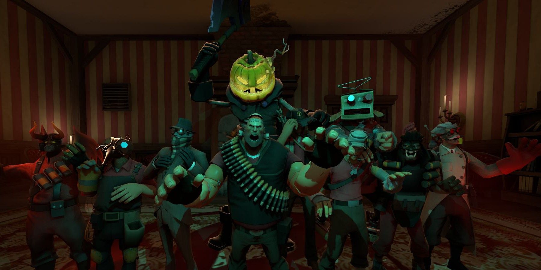 Costumed characters in dark room. 
