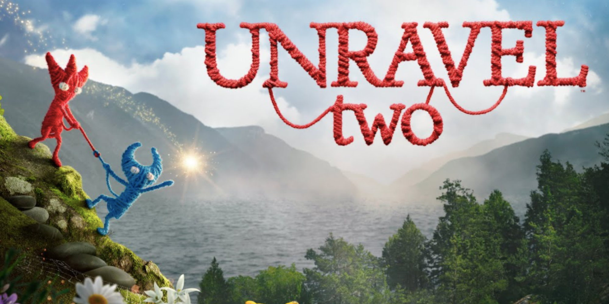 Unravel Two official video game artwork both playable characters climbing together