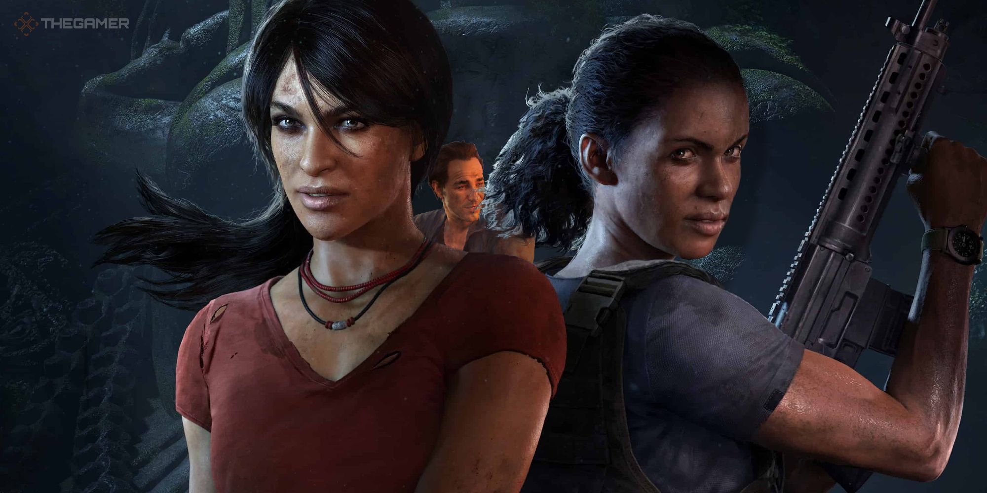Chole and Nadine front and center, Nadine holding a gun