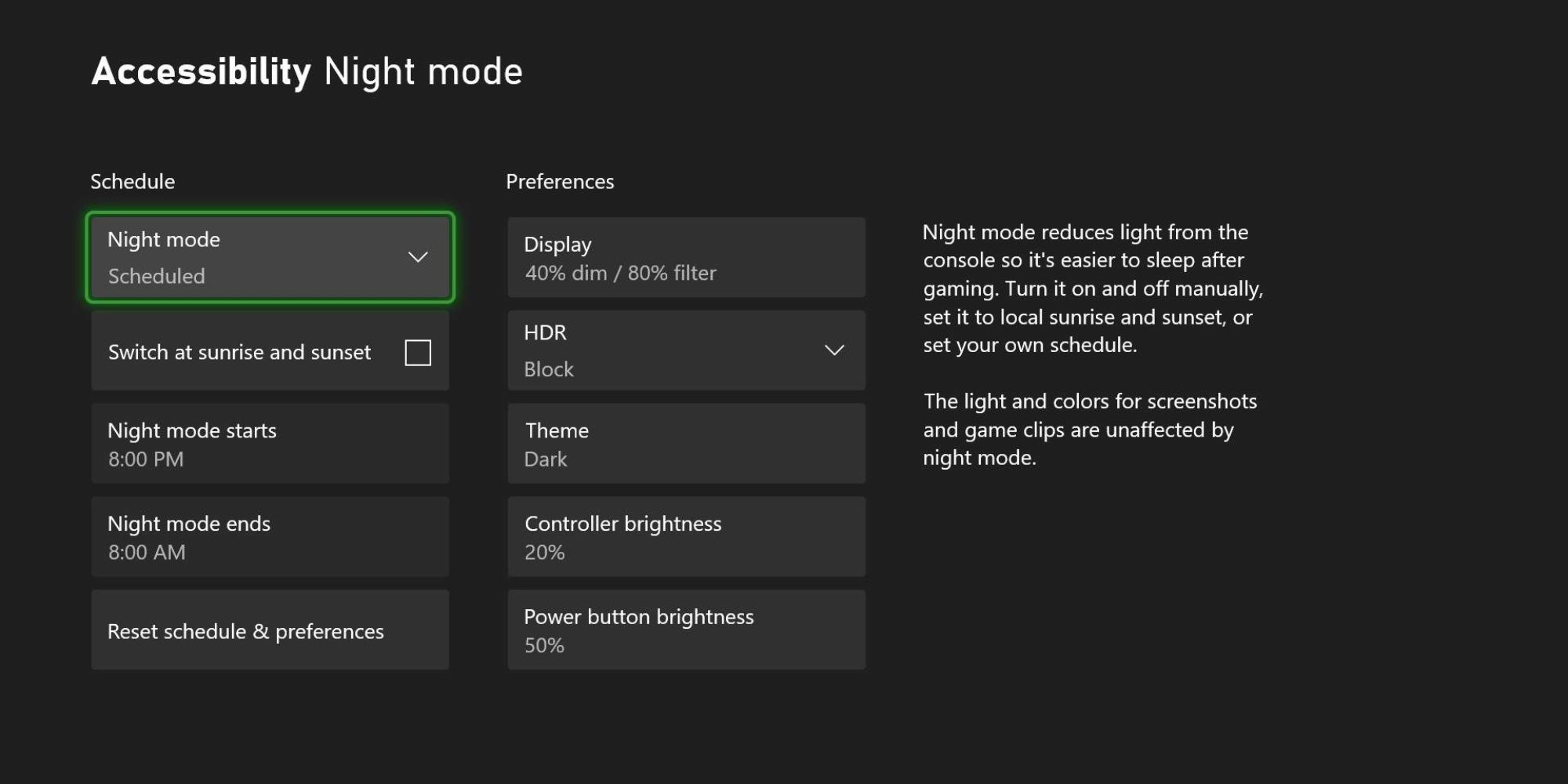 Xbox Series X Night Mode Settings