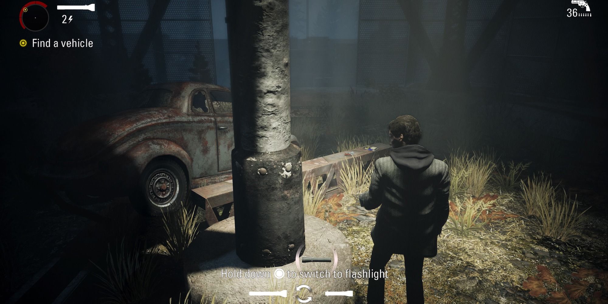 alan wake using flashlight outside