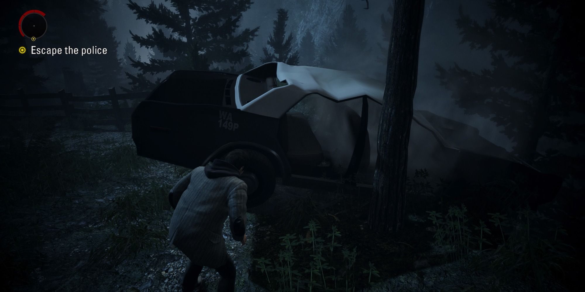 alan wake standing before a crashed police car