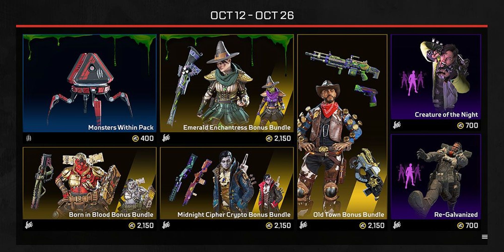 Apex Legends Monsters Within Halloween Update Shop Wraith Gibraltar Crypto Caustic Bloodhound Skins