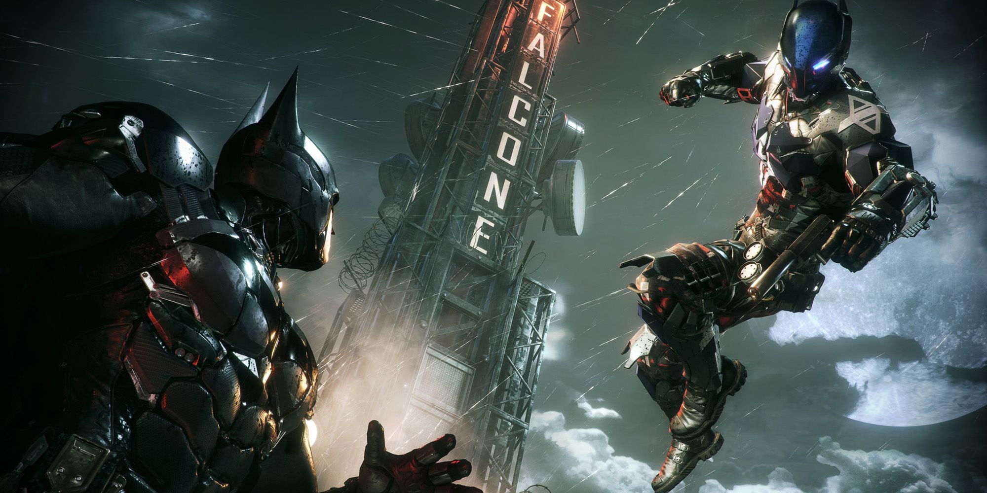 Batman: Arkham Knight. Arkham Knight attacks from above ready to strike Batman below.