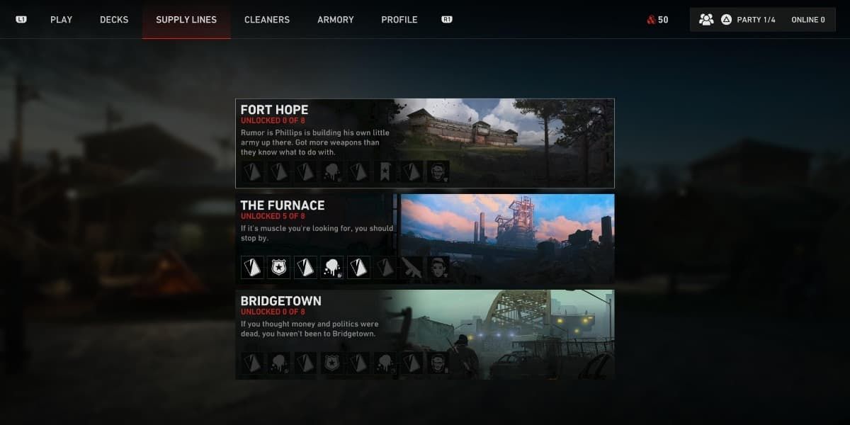 A screenshot showing the Supply Lines menu in Back 4 Blood